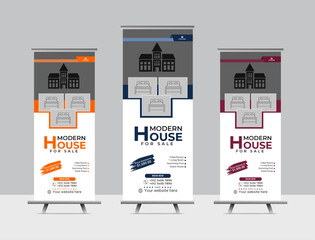 Corporate real estate roll up banner or pull up banner design template premium vector. Home for sale real estate roll up banner design.
home for sale real estate roll up banner, pull up banner templat