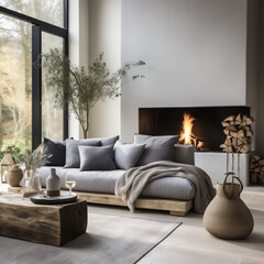 Corner, sofa near fireplace. Scandinavian home interior design of modern living room