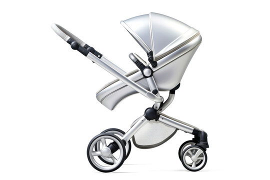 Baby stroller isolated on white background. Modern design of a baby stroller close-up