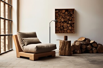 The charm of rustic minimalism captured in an HD image of a living room with a fabric lounge chair and wood stump side table.