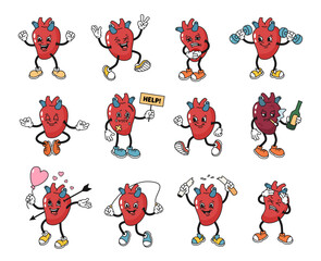 Cartoon human heart mascot. Damaged and discomfort heart character, healthy habits and happy hearts characters in 1930s rubber hose style vector illustration set