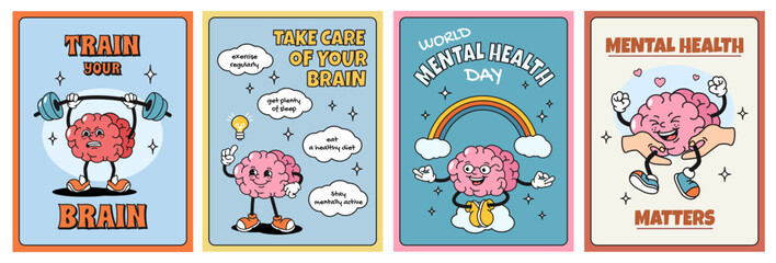 Mental health posters. Take care and train brain, world mental health day card with cartoon brain mascot vector set