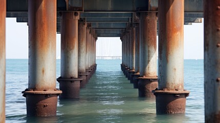 Rustic Metal Pier Supports Up Close: A Detailed Shot of Breakwater Piling in Tropical Water with...