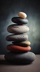 Fototapeta na wymiar Balanced pyramids of gray zen pebble meditation stones. Concept of harmony, mental health, balance and meditation, spa, massage, relax.