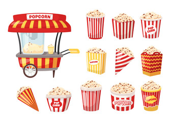 Cartoon popcorn machine and boxes. Movie food store popcorn stand with various size packaging containers vector illustration set