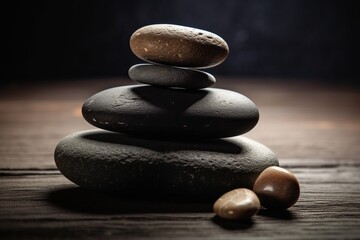 Balanced pyramids of gray zen pebble meditation stones. Concept of harmony, mental health, balance and meditation, spa, massage, relax.