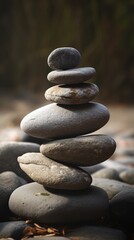 Fototapeta na wymiar Balanced pyramids of gray zen pebble meditation stones. Concept of harmony, mental health, balance and meditation, spa, massage, relax.