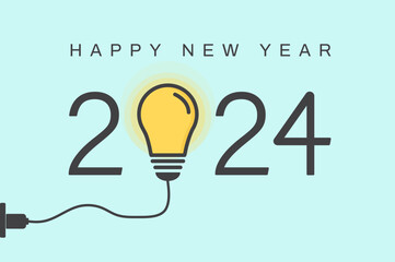 Happy new year 2024 with a light bulb on green background. Idea and creative, inspiration concepts. Vector illustration.