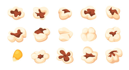 Cartoon popcorn shapes. Cinema snacks, doodle popping corn and various shapes of movie food isolated vector set