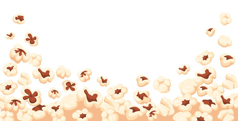 Popcorn background. Flying popping corn, movie fast food horizontal border and cinema snacks frame vector illustration