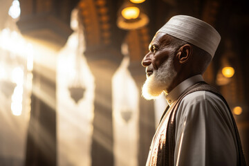 Muslim priest, also known as an Imam, standing in prayer within the beautiful confines of a mosque