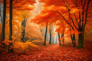 Papier Peint photo autocollant Rouge autumn forest in the morning