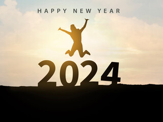 Woman silhouette jumping on 2024 numbers. Happy new year 2024. Celebration concept.