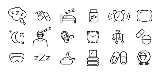 Set of vector icons sleep and insomnia line itsons design. Outline sleep symbols for website on white background eps10