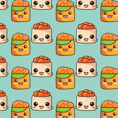 Seamless pattern with cute sushi and rolls. Vector illustration.