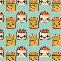 Seamless pattern with cute sushi and rolls. Vector illustration.