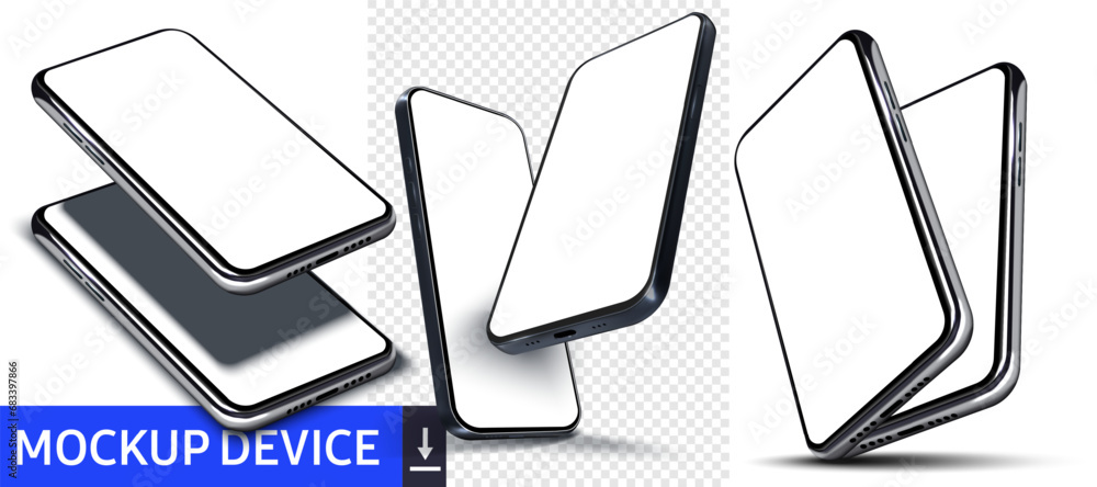 Poster high-resolution smartphone mockups showing various angles for technology and communication design. c