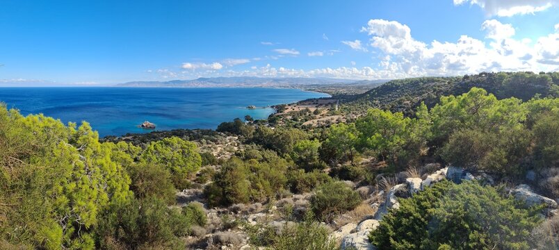 Panoramic aerial view of the Akamas peninsula coast from the top of the mountain, Cyprus