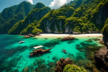paisaaje pintoresco oceano y montanas viajes y aventuras alrededor del mundo islas de tailandia phuket - obrazy, fototapety, plakaty