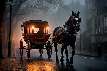 Retro style horse carriage on a foggy city street - obrazy, fototapety, plakaty