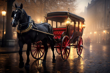 Retro style horse carriage on a defocused street of foggy town - obrazy, fototapety, plakaty