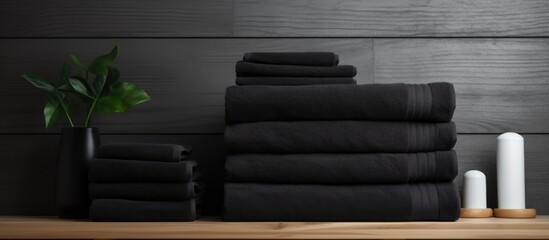 Multiple neatly arranged black towels on wooden shelves against a white wall background for spa barbershop gym beauty salon or tourist use in the bathroom