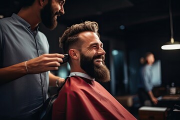 Cheerful young man getting his hair cut at the barbershop. Ai generative