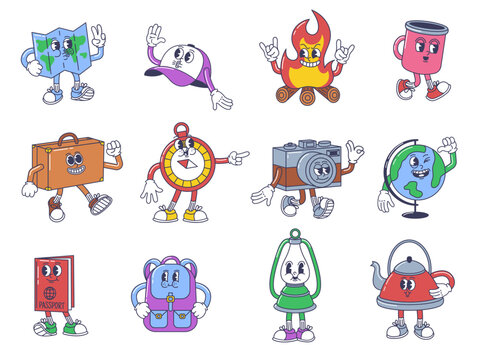 Cartoon travel accessories. Adventure mascot and globe, happy map, cap and mug. Rock on campfire, smiling suitcase and backpack