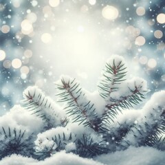 A snow-covered tree branch in winter. Fir branch in snowy cold weather. Background for winter holidays and vacations. snow covered fir twigs in front of a snow winter bokeh
