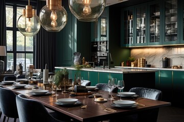 Chic London townhouse, contemporary style, emerald green accents, generated with AI