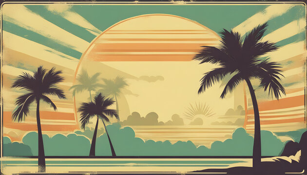 Aesthetic art collage with awesome view of nature with palm trees in the vivid colours in retro wave style. Vector Art of tropical beach