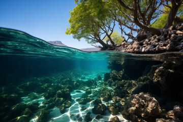 Fototapeta na wymiar Caribbean mangroves, roots embraced by sea sponges generative ai