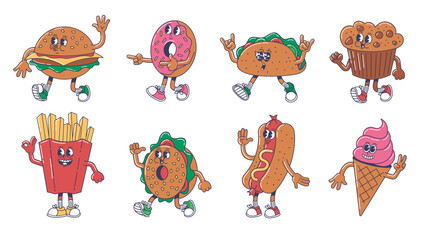 Fototapeta premium Cartoon fast food mascot. Cheerful burger, mexican taco, sweet donut and muffin. Fries, street hot dog and ice cream. Foodie characters vector set