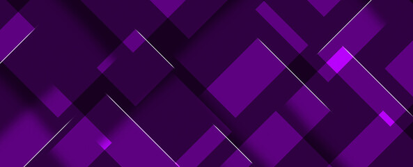 Purple geometric shapes, gradients, overlapping squares rectangles and shadows with glowing lines. dark purple background