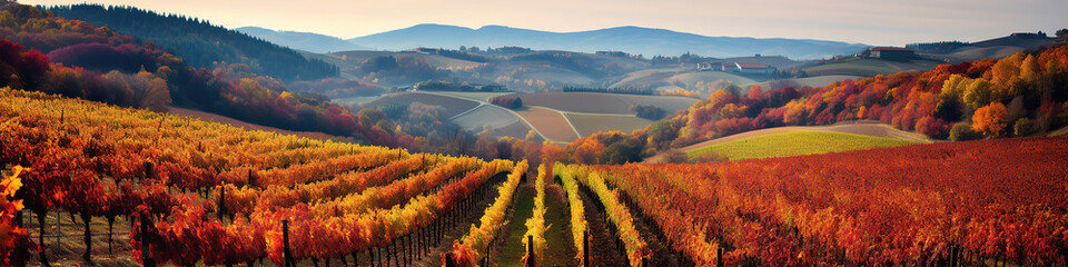 Autumn hillside vineyard full of fallen colored leaves. - obrazy, fototapety, plakaty