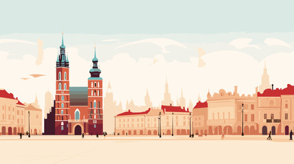 copy space, simple vector illustration, simple colors, krakow, poland. Flat 2D illustration, copy space, hand drawn, view of the St. Mary's Basilica , Krakow, Poland. Famous touristic spot. Must-see s - obrazy, fototapety, plakaty