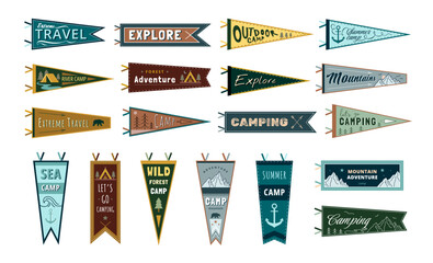 Adventure Pennants. Outdoor and camping enthusiast banner collection with wild forest camp, mountain and explore designs vector set