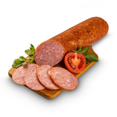 Sliced salami on cutting board