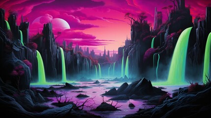 Cascading waterfalls of neon pink and electric green tumbling over a canvas of midnight black, creating a surreal and fantastical scene that feels both vibrant and mysterious. - obrazy, fototapety, plakaty