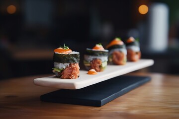 Balanced food levitation. Flying sushi rolls with seafood ingredients. Creative art concept Asian Japanese food.   - obrazy, fototapety, plakaty