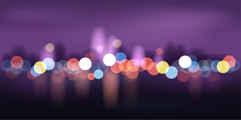 Beautiful horizontal background with a night city in glowing multi-colored lights from lanterns in purple colors. Vector illustration.