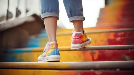 Lower part of teenage girl in casual shoe walking up outdoor colorful stair,teenage lifestyle successful concept. create using a generative ai tool  - obrazy, fototapety, plakaty