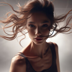 Beautiful woman with long brunette hair blowing in the wind, portrait. - obrazy, fototapety, plakaty