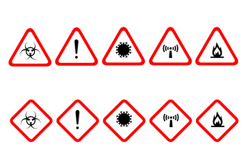 Isolated hazardous material signs. Hazard danger red vector signs.  Globally Harmonized System Warning Signs GHS. Hazmat isolated placards. Official Hazard pictograms standard. Biohazard toxic signs