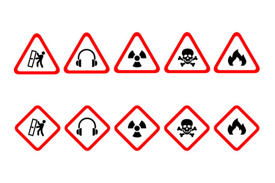Isolated hazardous material signs. Hazard danger red vector signs.  Globally Harmonized System Warning Signs GHS. Hazmat isolated placards. Official Hazard pictograms standard. Biohazard toxic signs