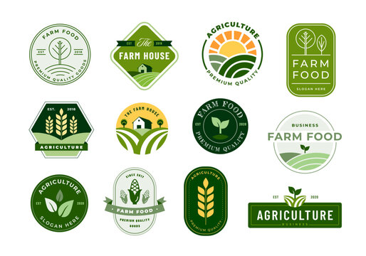 Farm emblems. Agriculture and farm food labels, agrarian quality seals and artisanal foods stickers vector set