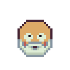 Obraz premium Bearded smiley, grandfather, old man unshaven face pixel art icon emoticon cartoon character with gray beard. 8-bit style smiley. Flat style. Isolated abstract vector illustration.