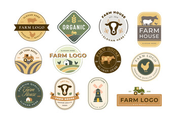 Farm icons. Rustic homestead, organic farming, meat and poultry house branding design templates vector set