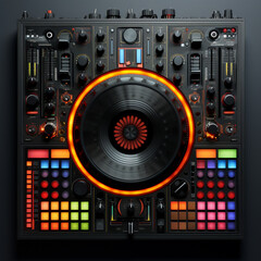 a colorful dj mixer control board, in the style of realistic textures, dark gray and black