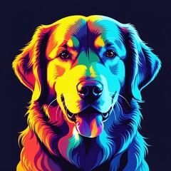 Neon Canine Vibes: Cool Portrait of a Golden Retriever with Neon Colors on a Black Background